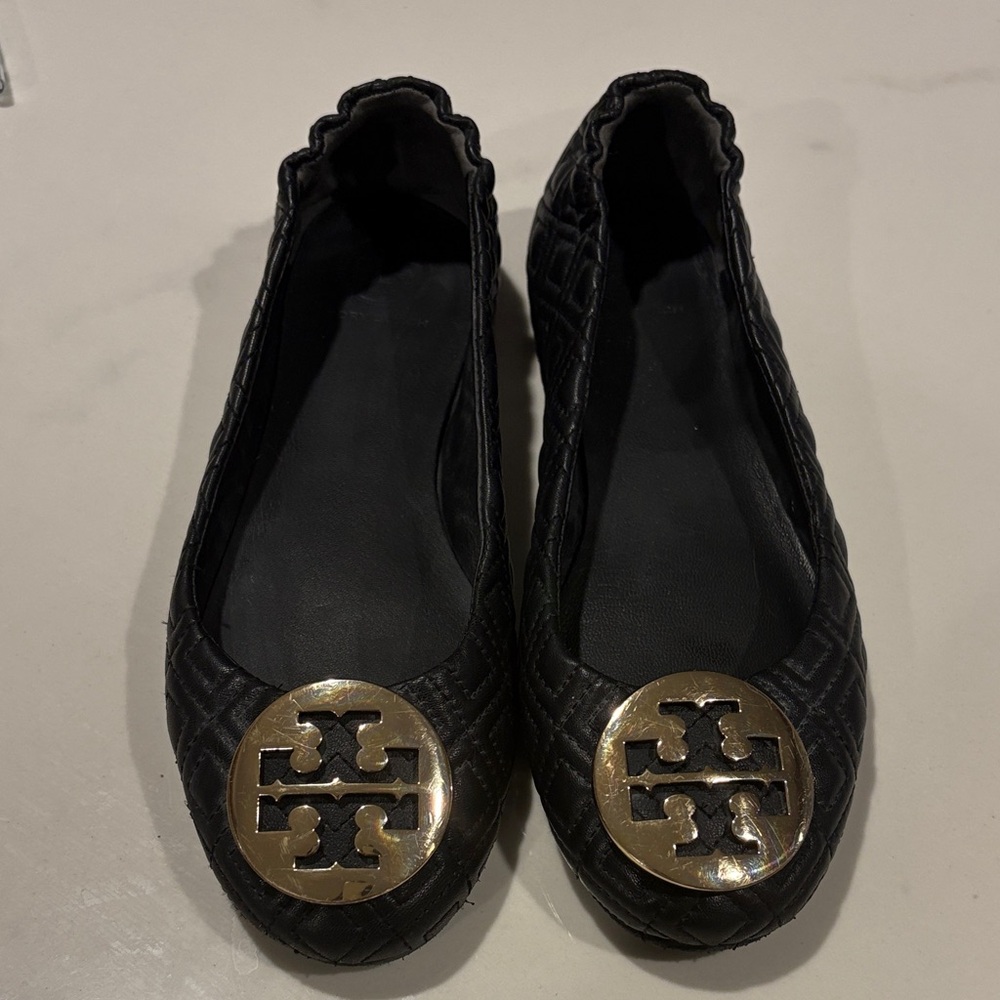 Tory Burch Black Quilted Flats with Gold Logo